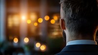 Businessman in dark suit viewed from behind against blurred evening city lights and bokeh background, creating atmospheric corporate mood.
