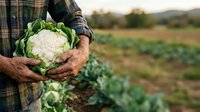 Farmer holding fresh cauliflower in vegetable garden field during harvest season for agriculture and farming industry use.