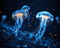 Glowing blue jellyfish floating in dark waters with luminescent particles and bokeh effects creating magical underwater atmosphere. Great for nature themes.