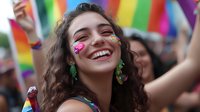 Young Hispanic woman with face paint and green earrings laughing joyfully at pride parade celebration against rainbow flag background, expressing authentic happiness.