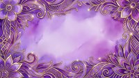 Purple watercolor background with ornate gold floral border frame, isolated on transparent background, ready for design use on invitations, cards, posters.