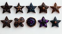 Decorative vintage brooches collection featuring stars and butterfly shapes with rhinestones and metallic details on white background, isolated jewelry accessories.