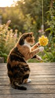 Playful tabby cat reaching for yellow flower toy on wooden deck in sunny garden setting with warm golden hour lighting and blurred natural background.