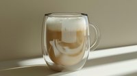 Double-walled glass cup filled with layered coffee drink showing swirled cream pattern in soft natural lighting with dramatic shadows on neutral background.