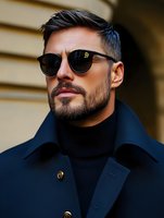 Handsome confident man with beard wearing sunglasses and navy coat outdoors. Professional male model portrait for fashion and lifestyle marketing campaigns.