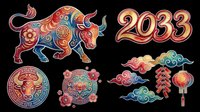 Colorful ox and decorative elements isolated on transparent background, ready for t-shirt design, clipart, stickers, print-on-demand products, sublimation and digital crafts.