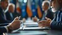Senior Asian businessman gesturing during corporate meeting discussion with diverse executives at conference table, professional negotiation in modern office setting.