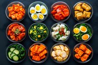 Korean side dishes in black bowls arranged in grid pattern featuring kimchi, eggs, vegetables, and marinated foods on dark background. Traditional banchan variety.