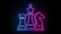 Neon chess pieces glowing in blue and pink colors on dark background for strategic gaming and competition concepts.