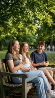 Three happy teenagers laughing together on park bench under green trees during sunny summer day. Friendship and youth lifestyle concept.