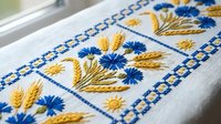 Traditional Ukrainian embroidery with blue and yellow floral motifs on white linen fabric. Handcrafted needlework featuring wheat ears and cornflowers in ethnic style.