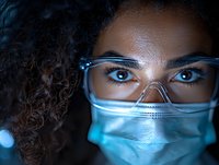 African American female healthcare worker wearing protective face mask and glasses with intense blue eyes and curly hair in dramatic lighting.