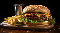 Juicy cheeseburger with melted cheese, fresh vegetables on sesame bun served with french fries and pickles on wooden board against dark background.