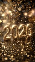 Golden glittery 2026 numbers against dark background with festive bokeh lights, celebrating upcoming year for holiday designs.