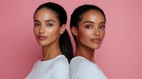 Two young women with glowing natural makeup and radiant skin posing back-to-back against pink background, showcasing beauty and skincare products.
