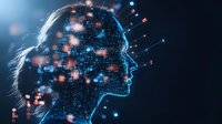 Digital profile of woman dissolving into glowing blue and orange particles against dark background, representing artificial intelligence and machine learning technology.