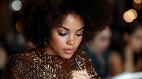 Young African American woman with natural curly hair in sparkling bronze dress signing document at evening event, soft bokeh lights background, elegant celebration moment.