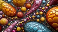 Colorful abstract macro photography of oil and water drops creating vibrant spheres in gold, pink, and turquoise with intricate bubble patterns and metallic reflections.