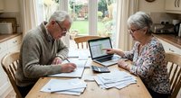 Senior couple managing household finances together at kitchen table with laptop and paperwork for retirement planning.
