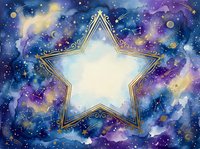 Golden star frame on cosmic galaxy background with nebula clouds and sparkling stars for celestial design projects and space themed decorations.