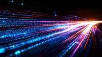 Abstract digital light trails with binary code stream in motion, glowing blue and red technology background with dynamic light effects and data flow.