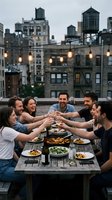 Group of diverse young adults toasting with wine glasses at rooftop dinner party with string lights and urban skyline background during golden hour.