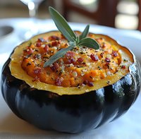 Roasted acorn squash filled with creamy cheese sauce, crispy bacon bits and fresh sage garnish on white tablecloth, autumn comfort food preparation.