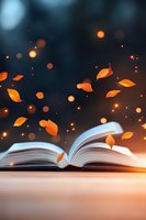 Open book with glowing autumn leaves floating above pages against dark background, magical bokeh lights creating mystical atmosphere for fantasy and storytelling concepts.