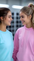 Two young Caucasian women in colorful athletic wear smiling at each other in modern gym setting. Friendship and fitness motivation concept for wellness campaigns.