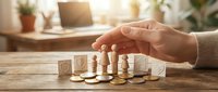 Hand protecting wooden figures and coins on desk symbolizing employee insurance, financial security and business protection in warm office setting.
