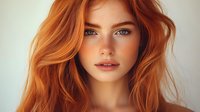 Young woman with natural red hair, freckles and blue eyes looking directly at camera against light background. Soft natural makeup and gentle expression.