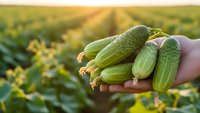 Fresh cucumber harvest in farmer hands at sunset with agricultural field background for organic farming and healthy food concepts.
