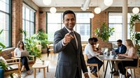 Confident Hispanic businessman pointing at camera in modern office with colleagues working in background. Professional leadership and teamwork concept.