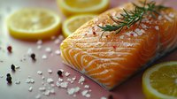 Cooked salmon fillet with crispy skin topped with fresh rosemary and sea salt, surrounded by lemon slices and peppercorns on pink surface for fine dining and gourmet cooking.