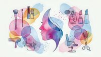 Watercolor beauty salon elements with woman profile, makeup brushes, cosmetics, chair and scissors on white background for spa and wellness design.