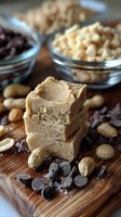 Homemade peanut butter fudge squares stacked on wooden cutting board with chocolate chips and raw peanuts, close-up view of sweet dessert ingredients.