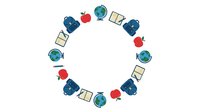 Back to school circular arrangement with globes, apples, backpacks and books isolated on white background. Educational supplies arranged in ring pattern for design projects.