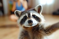 Close up portrait of curious raccoon with expressive face looking directly at camera, showing distinctive mask markings and alert eyes against blurred background.