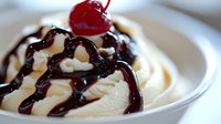 Creamy vanilla ice cream swirled with rich chocolate sauce and topped with bright red maraschino cherry on white plate, close-up view of decadent dessert.