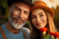 Mature bearded man and young woman in hats smiling at camera with warm sunset lighting and blurred floral foreground, expressing happiness and connection.