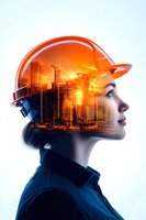 Female construction professional in safety helmet with double exposure of urban sunset cityscape, symbolizing engineering vision and construction industry leadership.