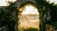 Ancient stone archway covered in ivy frames golden sunrise over rolling Tuscan hills with cypress trees and medieval village creating romantic countryside vista.