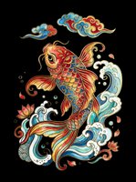 Ornamental koi fish with flowing fins and decorative water waves, lotus flowers, and cloud motifs in vibrant red, gold, blue, and orange tones. Isolated on transparent background, ready for t-shirts, stickers, and print-on-demand designs.
