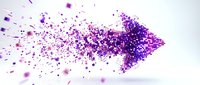 Purple arrow made of scattered particles dissolving into fragments on white background for motion graphics and digital design projects.