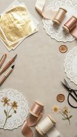 Vintage crafting supplies with gold leaf, copper ribbon spools, lace doilies, dried flowers and calligraphy pens arranged on neutral linen background.