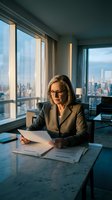 Senior businesswoman executive reading documents in modern office with city skyline view during golden hour for corporate leadership presentations.