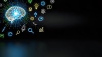 Digital brain with glowing neural networks and floating tech icons on dark background for artificial intelligence and machine learning concepts.