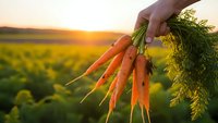 Fresh organic carrots with green tops held by farmer hand at sunset in agricultural field during harvest season for healthy eating and farm produce.