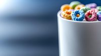 Colorful fruit-flavored cereal rings in white ceramic bowl against blue background. Vibrant breakfast food photography with selective focus and copy space.