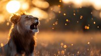 Majestic male lion roaring at sunset with golden bokeh lights and dust particles creating dramatic silhouette against warm glowing sky background.